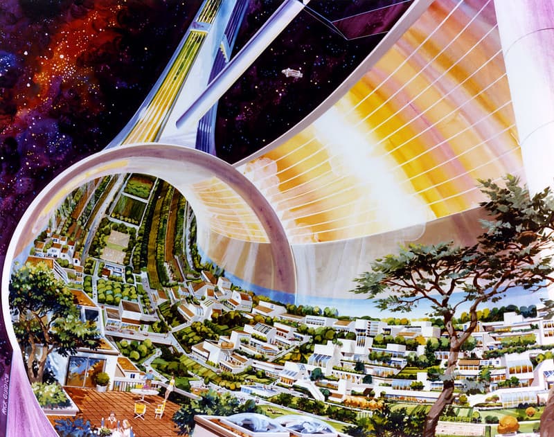 Illustration d‘une colonie spatiale de la NASA, vue en coupe, exposant l‘intérieur d‘une colonie toroïdale. Des arbres et des habitations densément peuplées bordent l‘intérieur du tore.